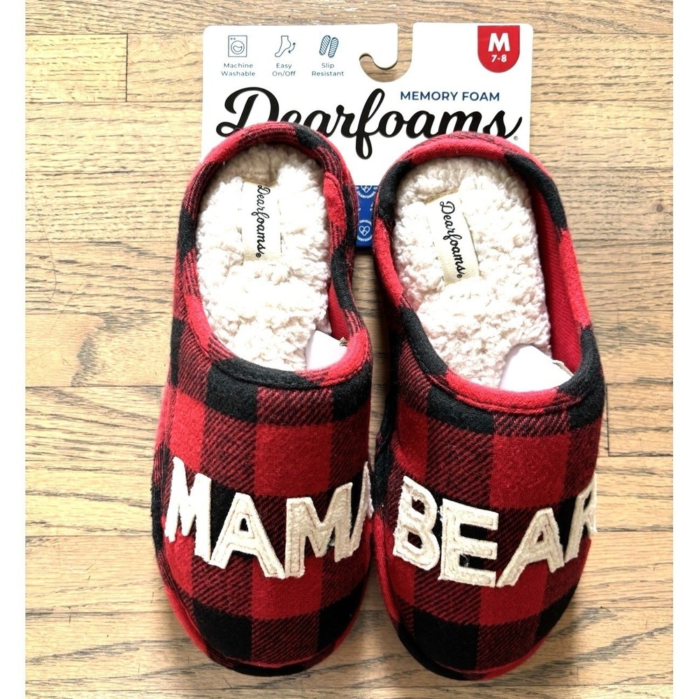 Dearfoams women's Christmas red plaid mama bear‎ slippers new Size M 7/8